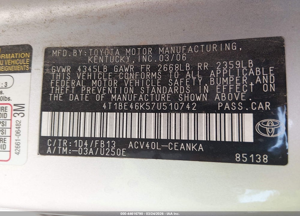 2007 TOYOTA CAMRY LE VIN: 4T1BE46K57U510742