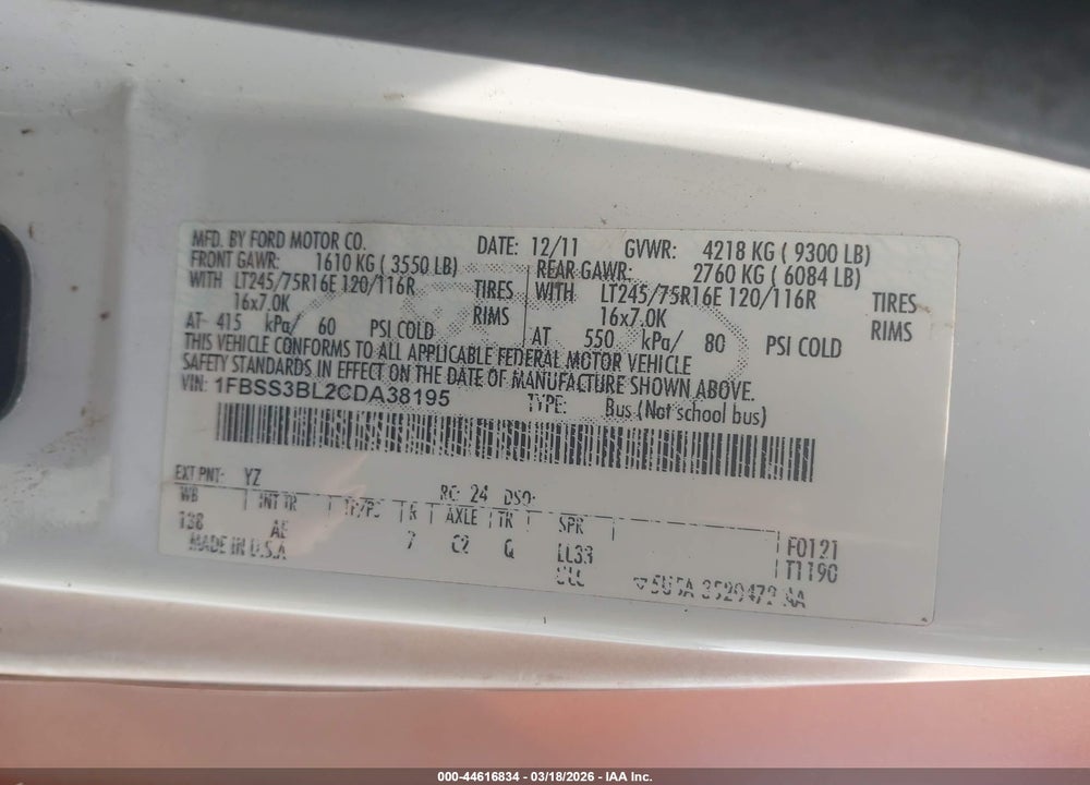 2012 FORD E-350 SUPER DUTY XL VIN: 1FBSS3BL2CDA38195