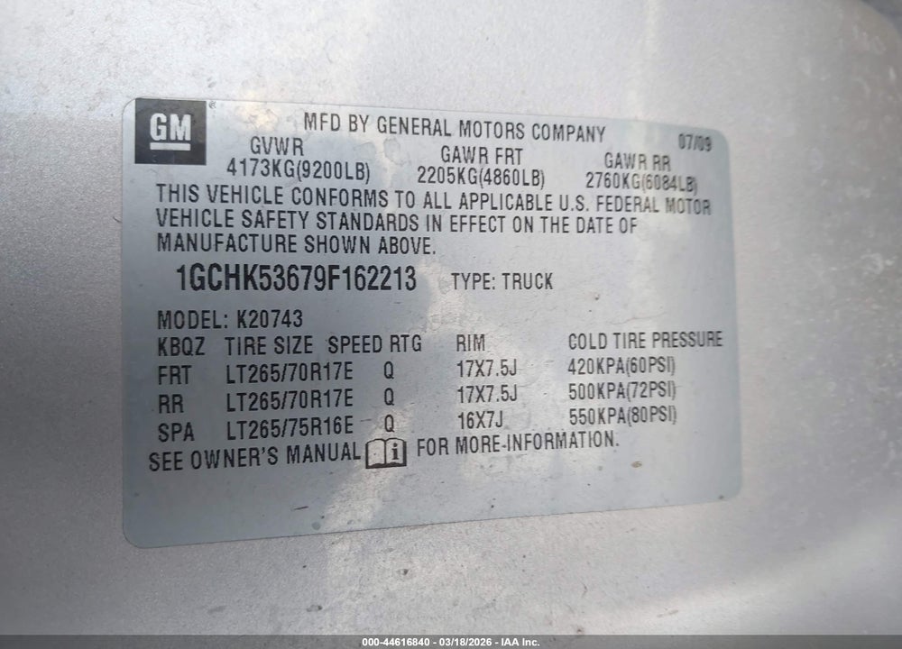 2009 CHEVROLET SILVERADO 2500HD LT VIN: 1GCHK53679F162213