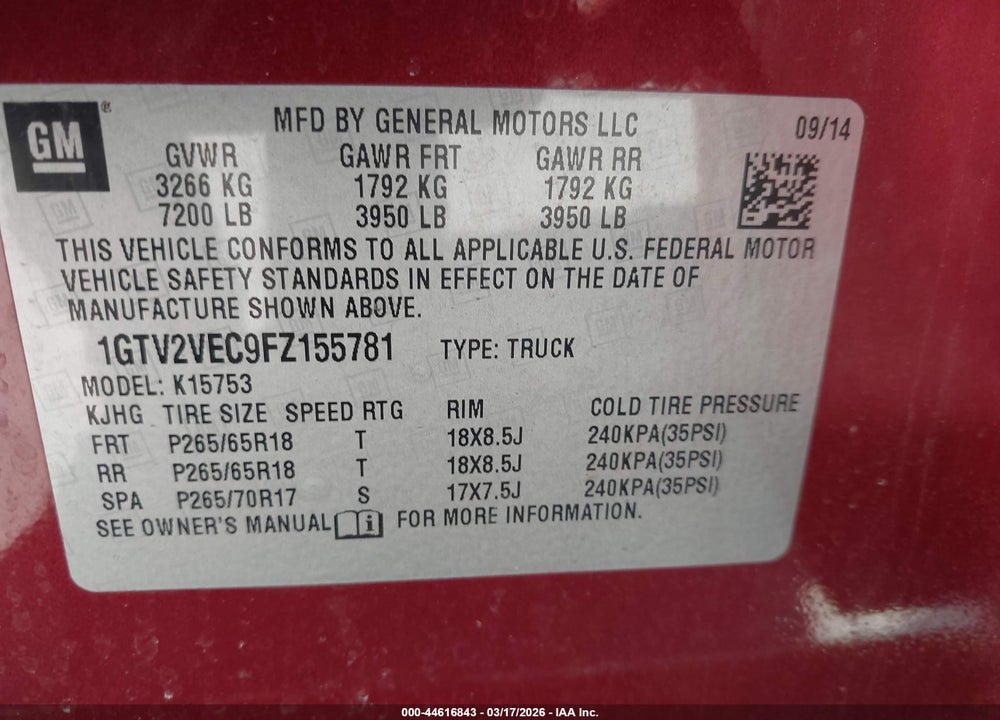 2015 GMC SIERRA 1500 SLT VIN: 1GTV2VEC9FZ155781
