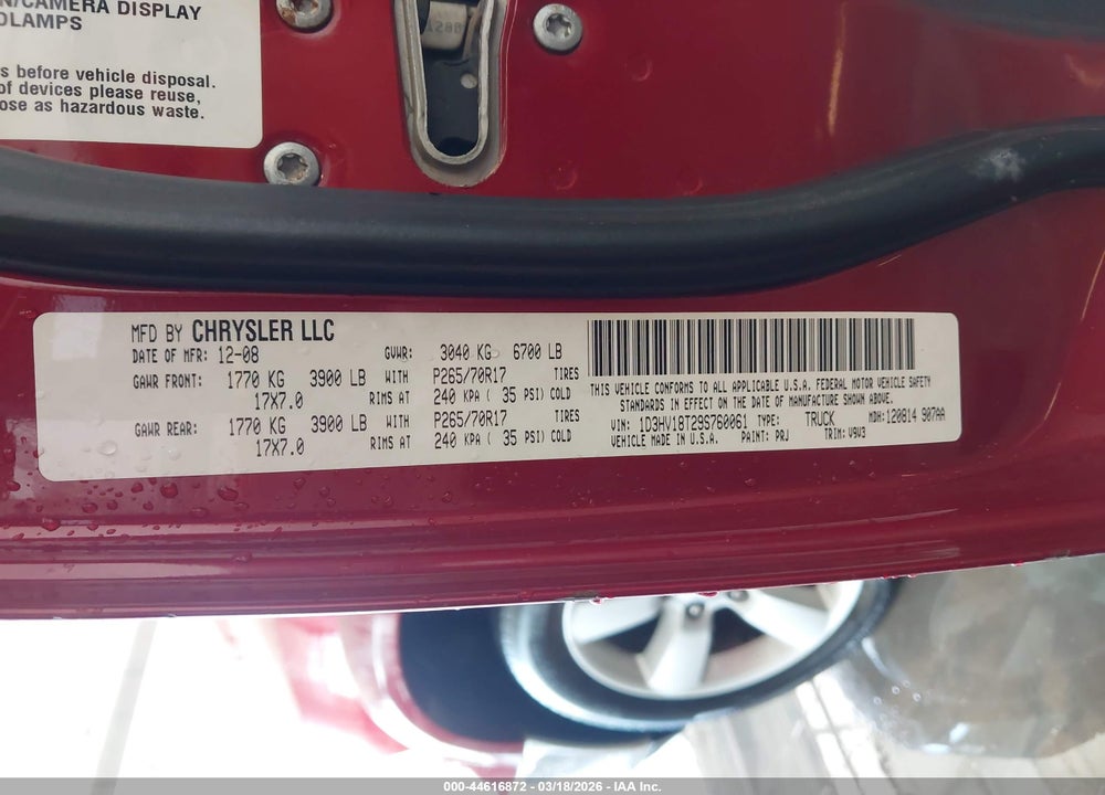 2009 DODGE RAM 1500 SLT/SPORT/TRX VIN: 1D3HV18T29S760061