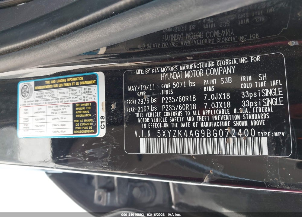 2011 HYUNDAI SANTA FE LIMITED V6 VIN: 5XYZK4AG9BG072400