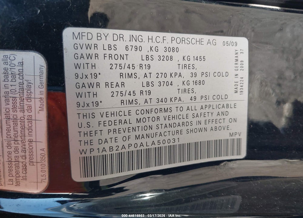 2010 PORSCHE CAYENNE S VIN: WP1AB2AP0ALA50031