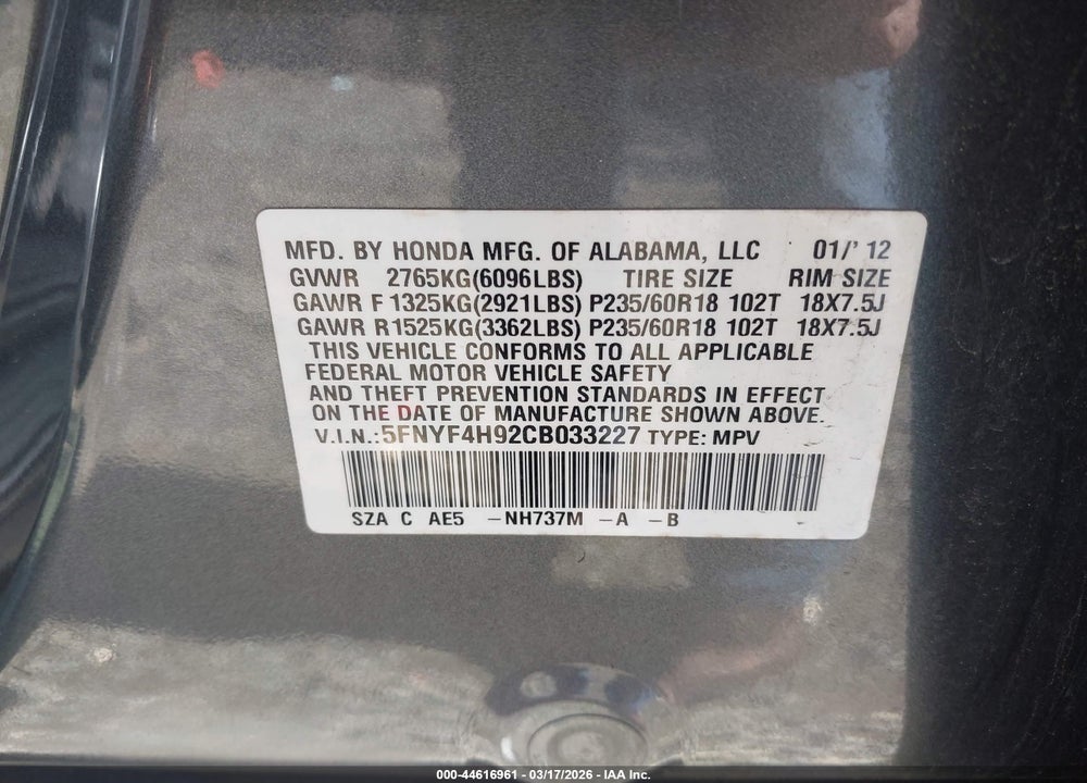 2012 HONDA PILOT TOURING VIN: 5FNYF4H92CB033227