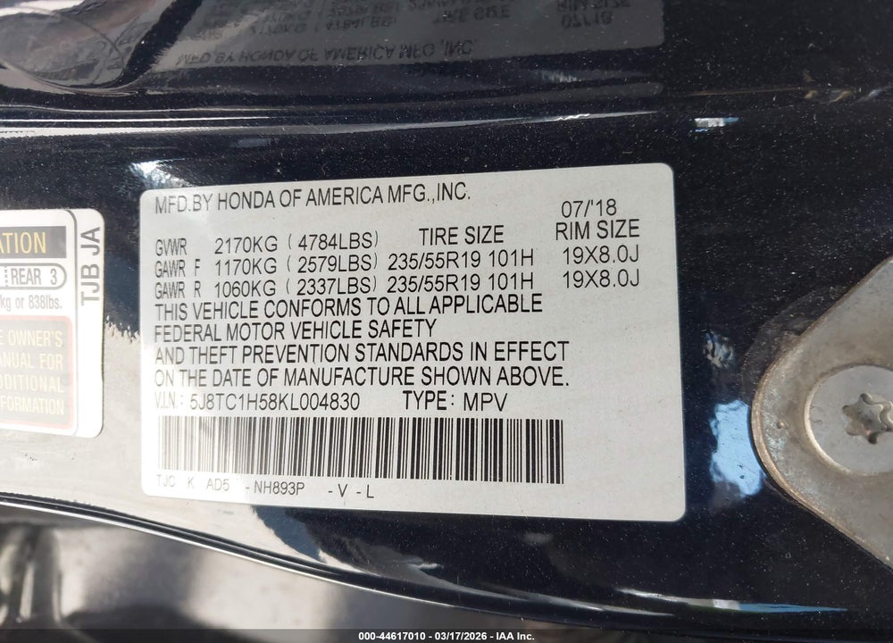 2019 ACURA RDX TECHNOLOGY PACKAGE VIN: 5J8TC1H58KL004830