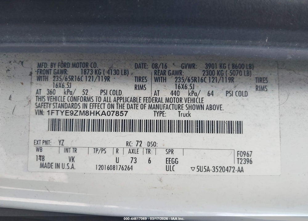 2017 FORD TRANSIT-150 VIN: 1FTYE9ZM8HKA07857