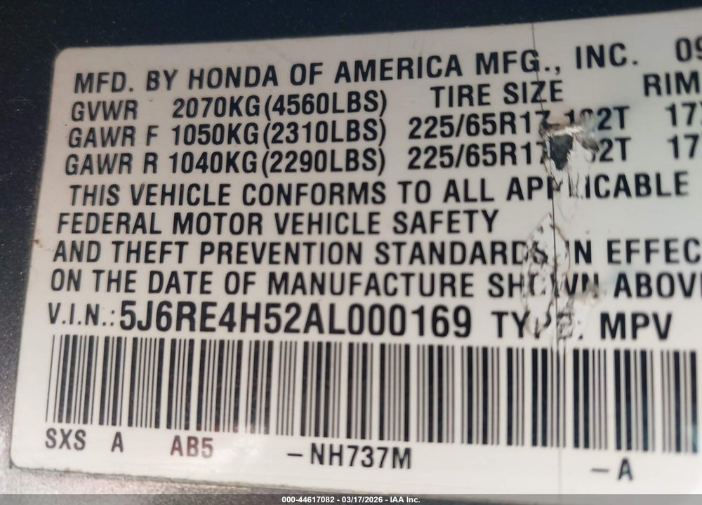 2010 HONDA CR-V EX VIN: 5J6RE4H52AL000169