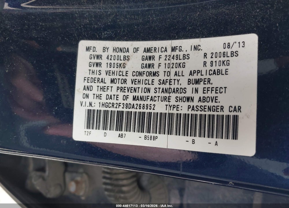 2013 HONDA ACCORD LX VIN: 1HGCR2F39DA268952