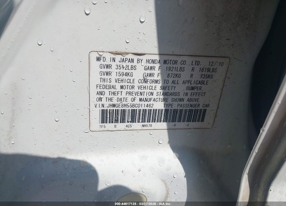 2011 HONDA FIT SPORT VIN: JHMGE8H55BC011462