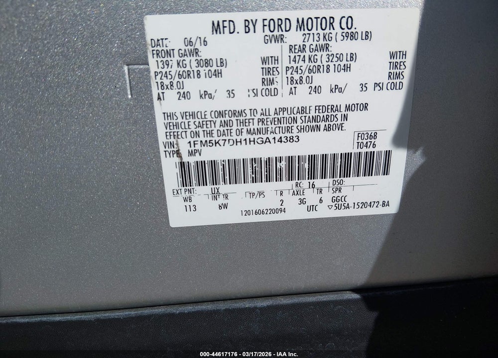 2017 FORD EXPLORER XLT VIN: 1FM5K7DH1HGA14383