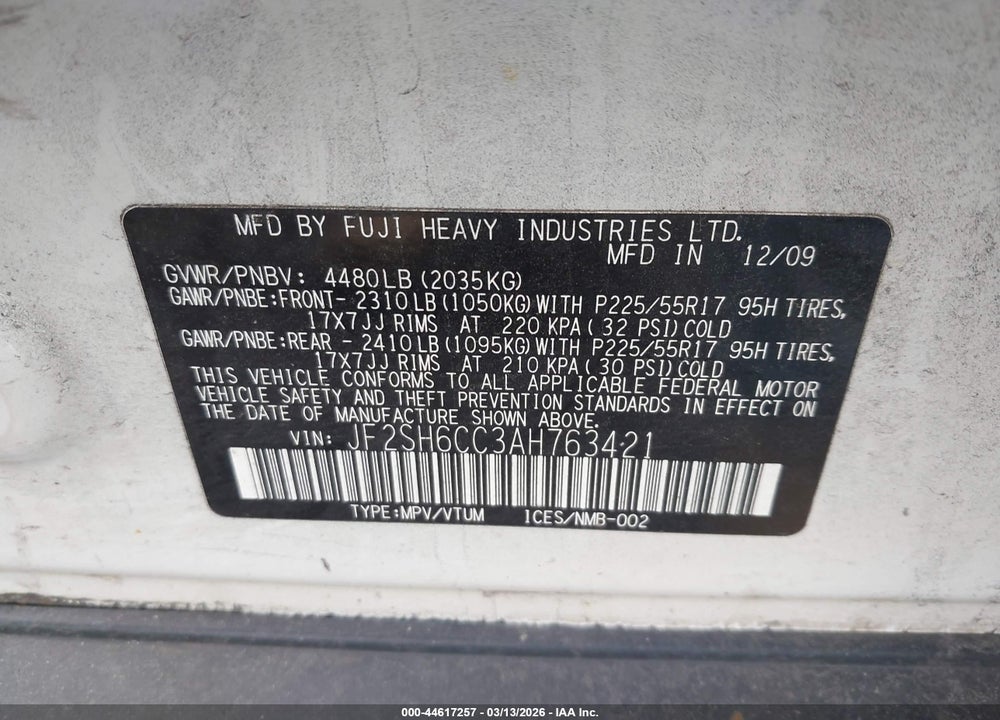 2010 SUBARU FORESTER 2.5X PREMIUM VIN: JF2SH6CC3AH763421