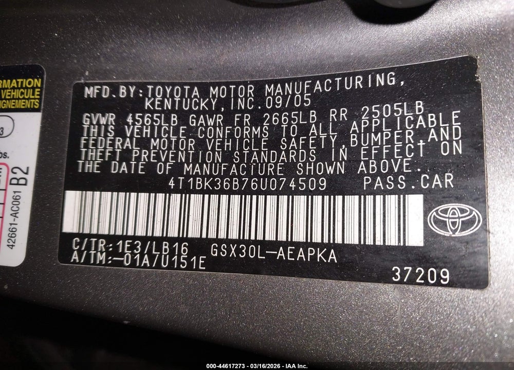 2006 TOYOTA AVALON LIMITED VIN: 4T1BK36B76U074509