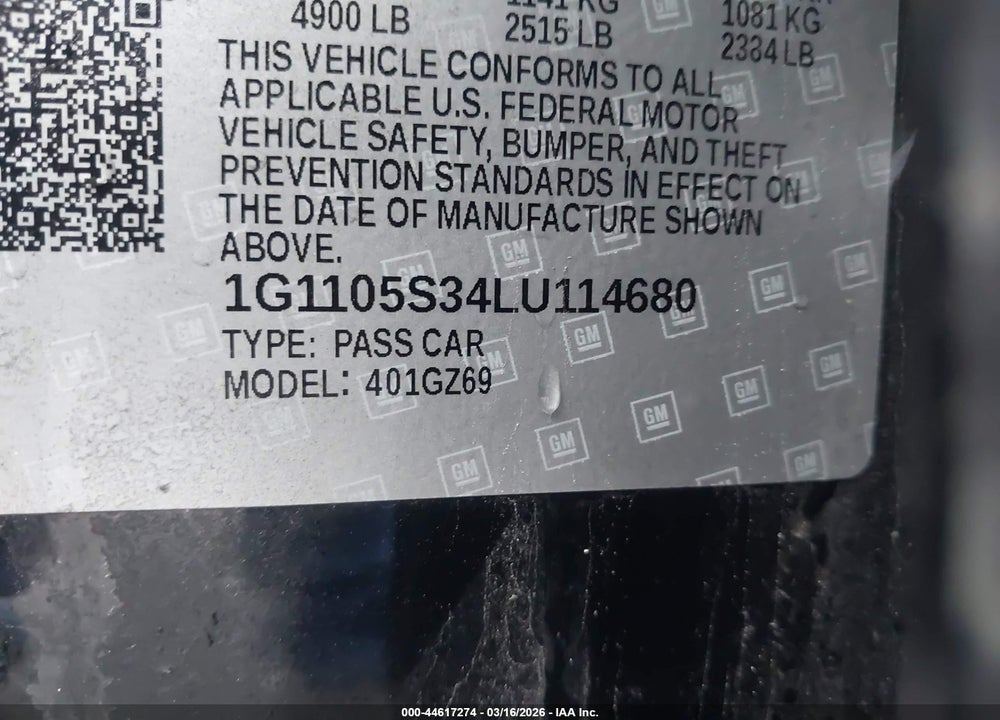 2020 CHEVROLET IMPALA FWD PREMIER VIN: 1G1105S34LU114680