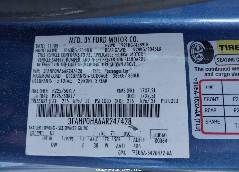 2010 FORD FUSION SE VIN: 3FAHP0HA6AR247428