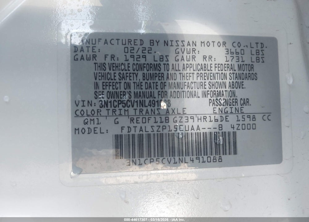 2022 NISSAN KICKS SV XTRONIC CVT VIN: 3N1CP5CV1NL491088