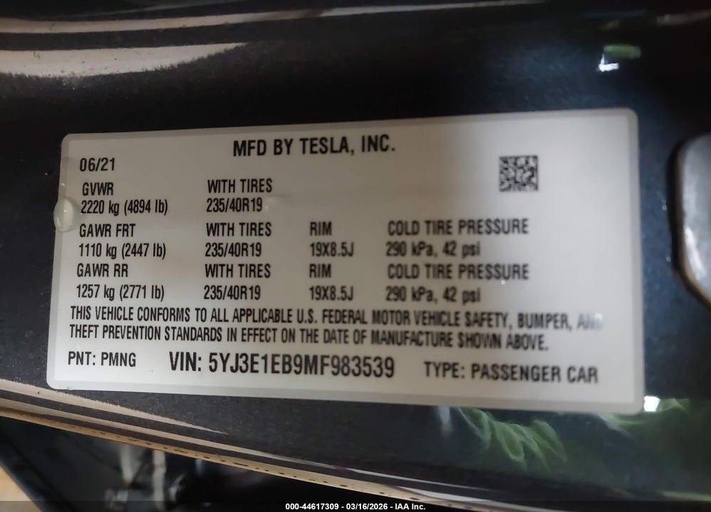 2021 TESLA MODEL 3 LONG RANGE DUAL MOTOR ALL-WHEEL DRIVE VIN: 5YJ3E1EB9MF983539
