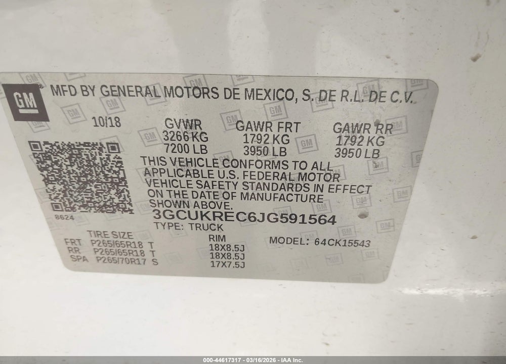 2018 CHEVROLET SILVERADO 1500 2LT VIN: 3GCUKREC6JG591564