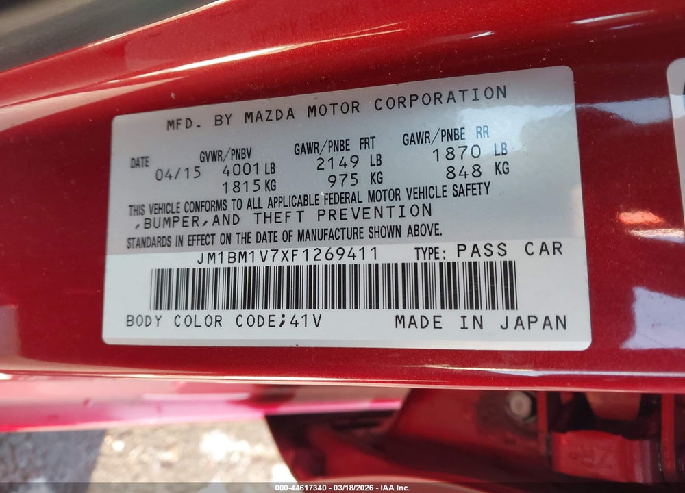 2015 MAZDA 3 I TOURING VIN: JM1BM1V7XF1269411