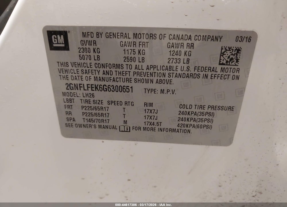 2016 CHEVROLET EQUINOX LT VIN: 2GNFLFEK6G6300651