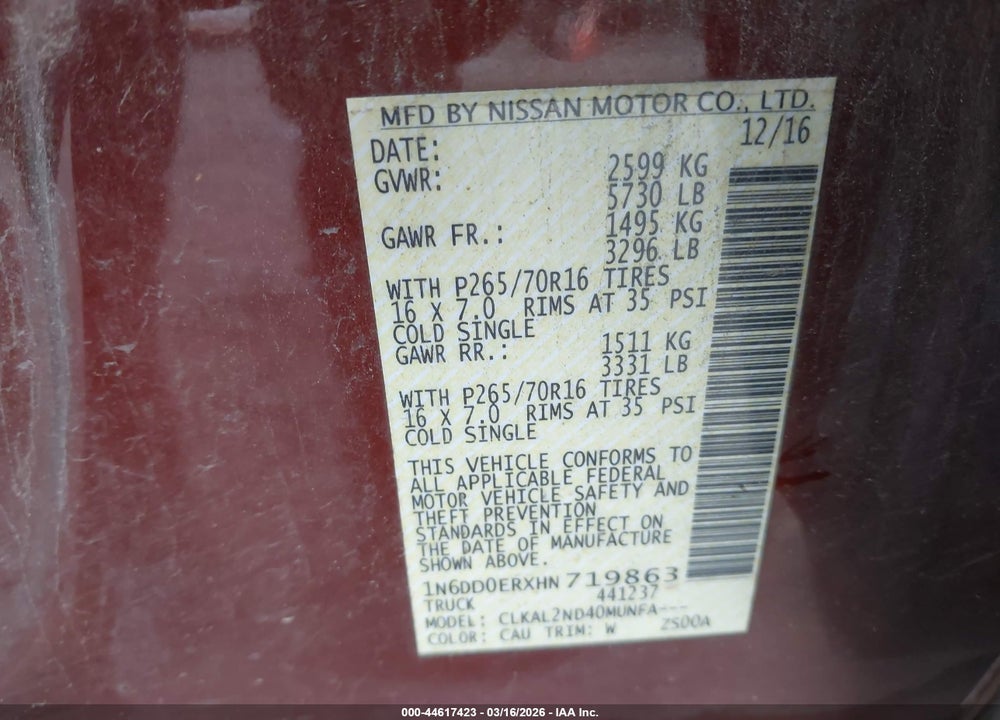 2017 NISSAN FRONTIER SV VIN: 1N6DD0ERXHN719863