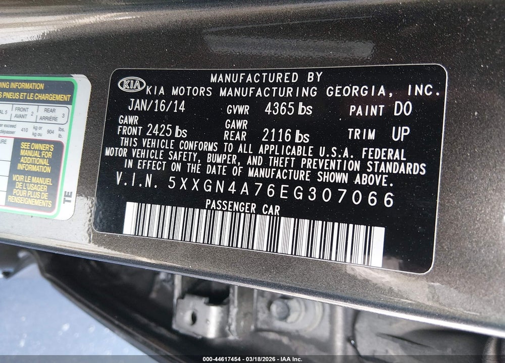 2014 KIA OPTIMA EX VIN: 5XXGN4A76EG307066