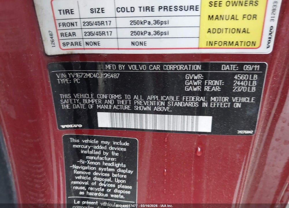 2012 VOLVO C70 T5/T5 PLATINUM/T5 PREMIER PLUS VIN: YV1672MC4CJ126487