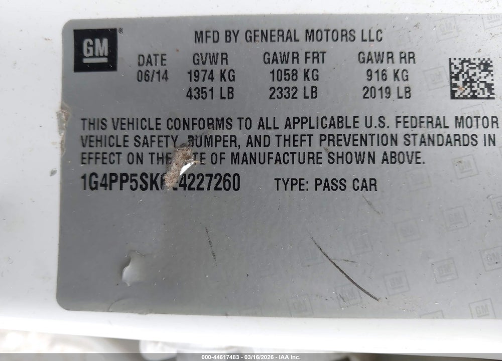 2014 BUICK VERANO VIN: 1G4PP5SK6E4227260