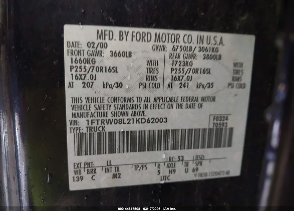 2001 FORD F-150 KING RANCH EDITION/LARIAT/XLT VIN: 1FTRW08L21KD62003