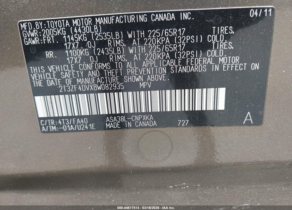 2011 TOYOTA RAV4 VIN: 2T3ZF4DVXBW082935