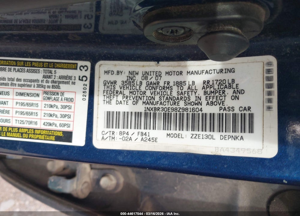 2008 TOYOTA COROLLA LE VIN: 1NXBR30E98Z981604