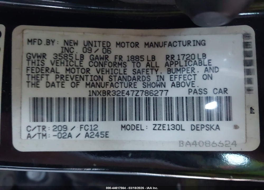 2007 TOYOTA COROLLA S VIN: 1NXBR32E47Z786277