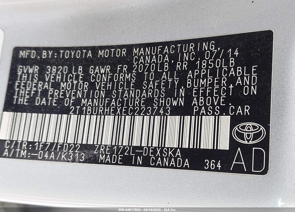 2014 TOYOTA COROLLA S PLUS VIN: 2T1BURHEXEC223743