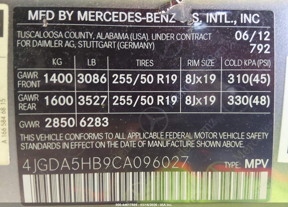 2012 MERCEDES-BENZ ML 350 4MATIC VIN: 4JGDA5HB9CA096027