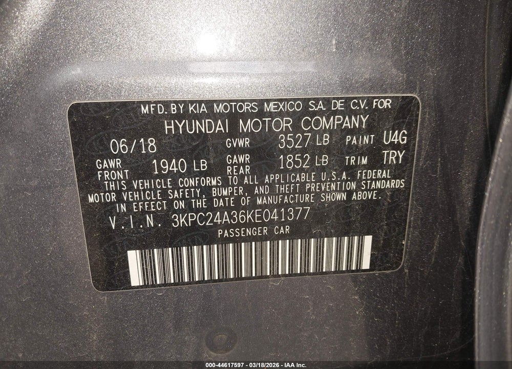 2019 HYUNDAI ACCENT SE VIN: 3KPC24A36KE041377