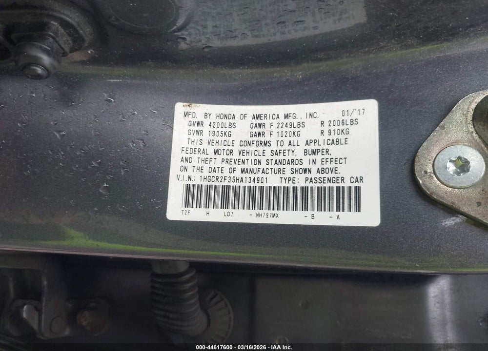 2017 HONDA ACCORD LX VIN: 1HGCR2F35HA134901