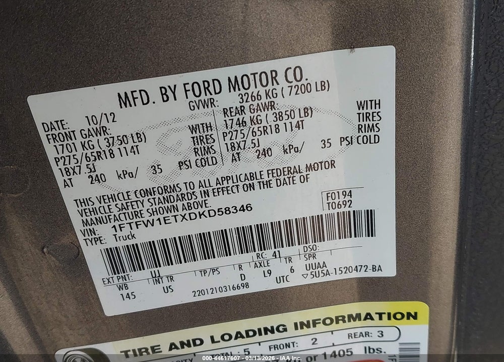 2013 FORD F-150 XLT VIN: 1FTFW1ETXDKD58346