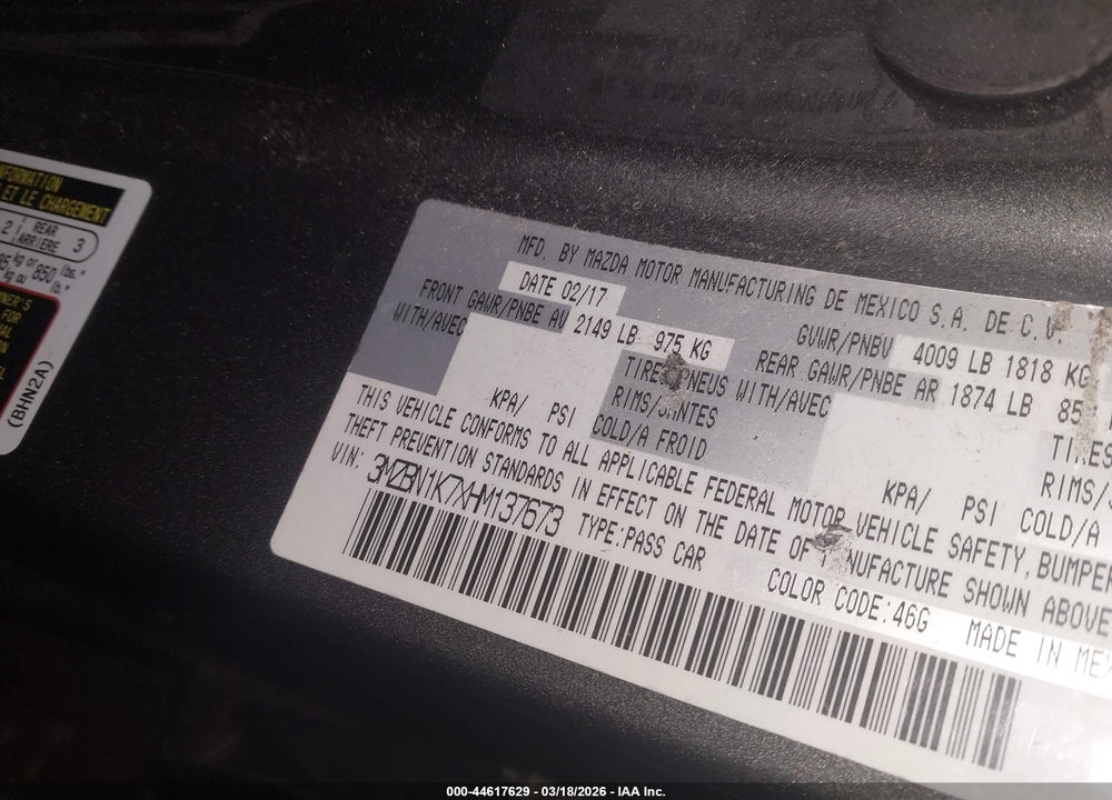 2017 MAZDA 3 SPORT VIN: 3MZBN1K7XHM137673