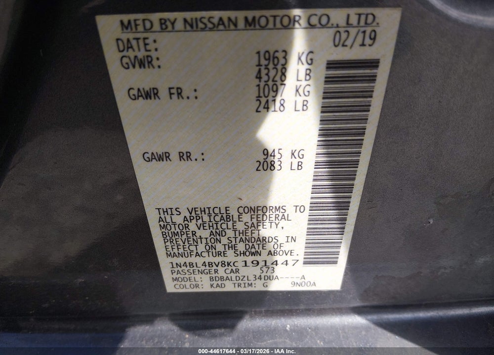 2019 NISSAN ALTIMA 2.5 S VIN: 1N4BL4BV8KC191447