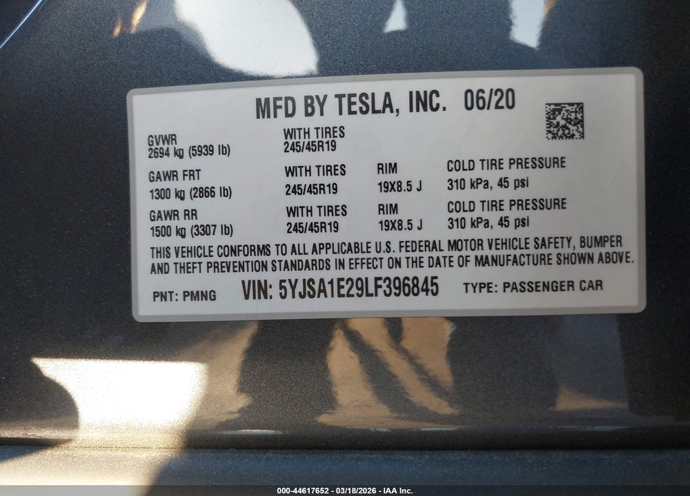 2020 TESLA MODEL S LONG RANGE DUAL MOTOR ALL-WHEEL DRIVE/LONG RANGE PLUS DUAL MOTOR ALL-WHEEL DRIVE VIN: 5YJSA1E29LF396845