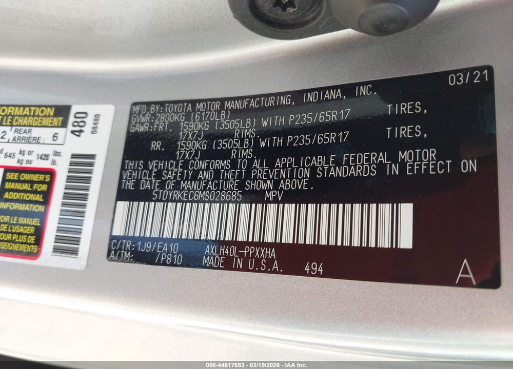 2021 TOYOTA SIENNA XLE VIN: 5TDYRKEC6MS028685