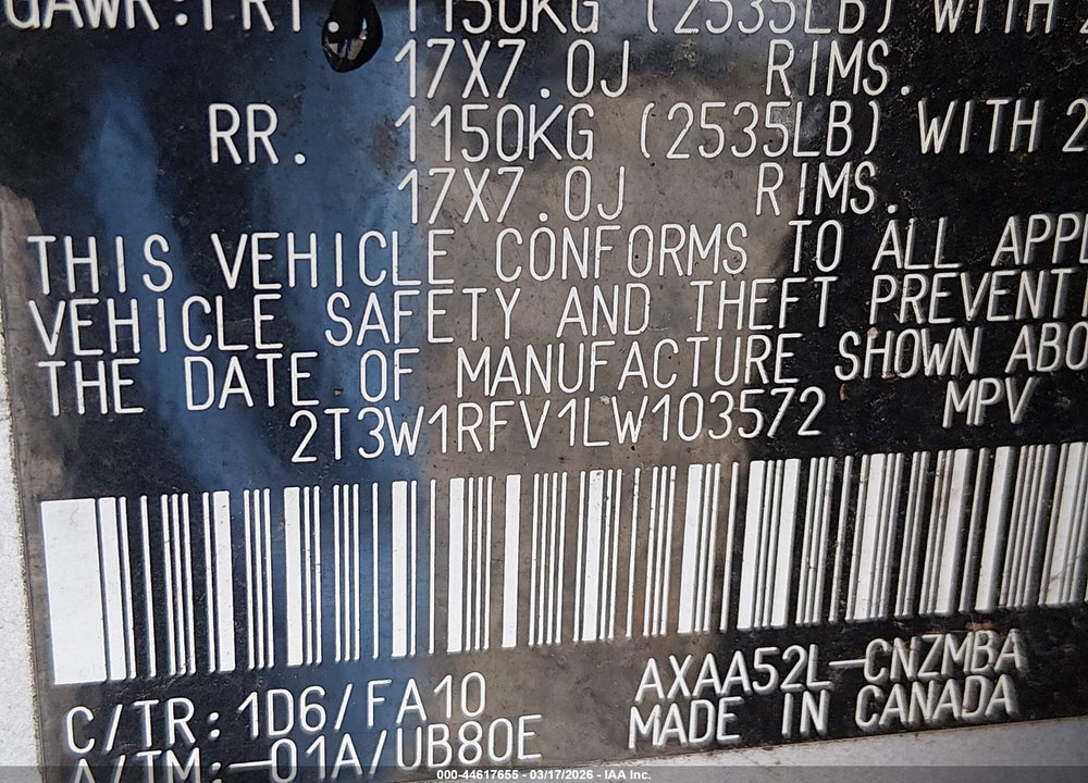 2020 TOYOTA RAV4 XLE VIN: 2T3W1RFV1LW103572