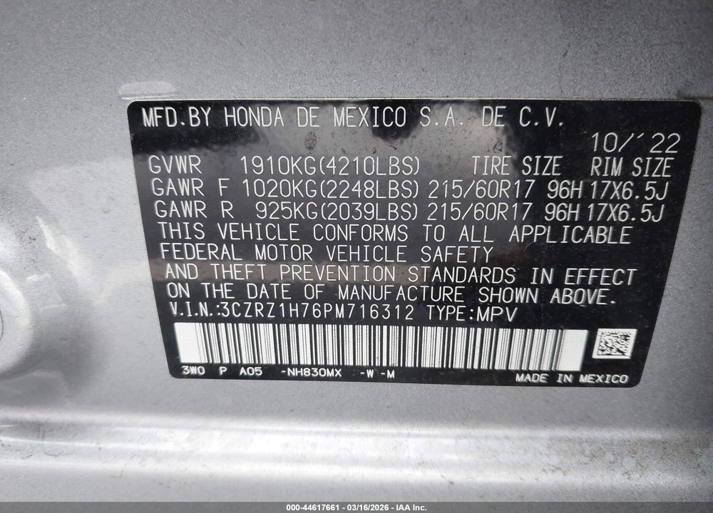 2023 HONDA HR-V 2WD EX-L VIN: 3CZRZ1H76PM716312