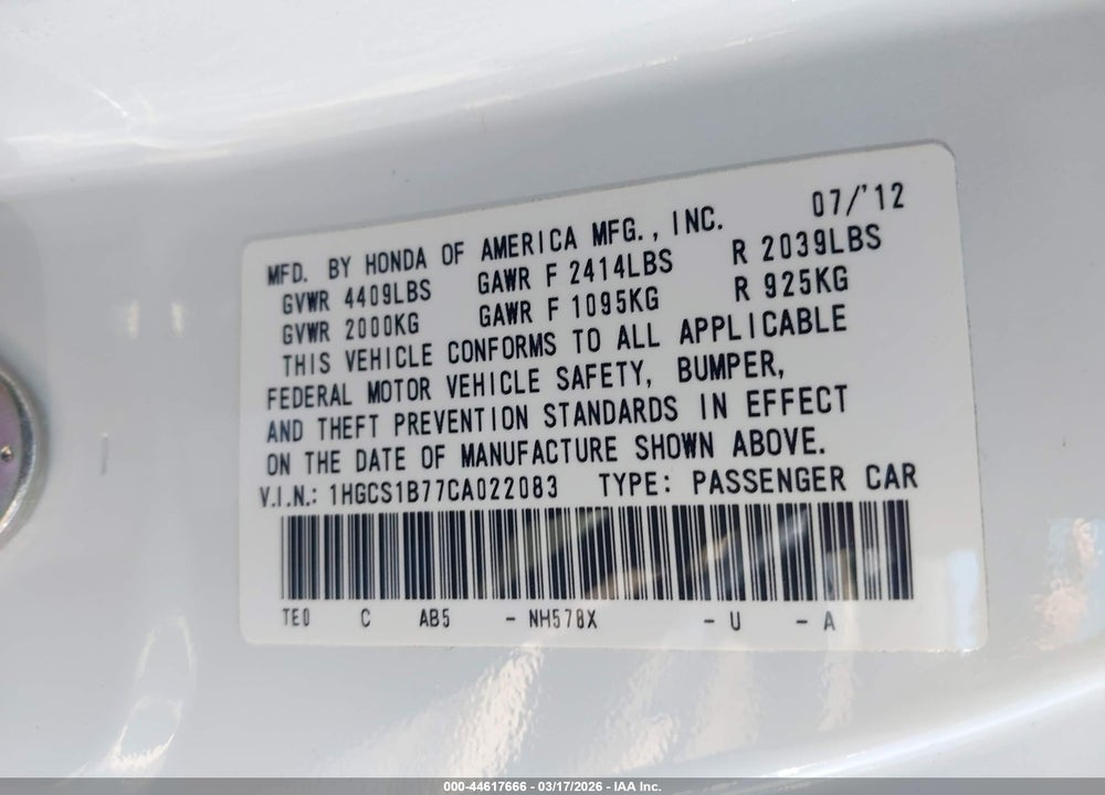 2012 HONDA ACCORD 2.4 EX VIN: 1HGCS1B77CA022083