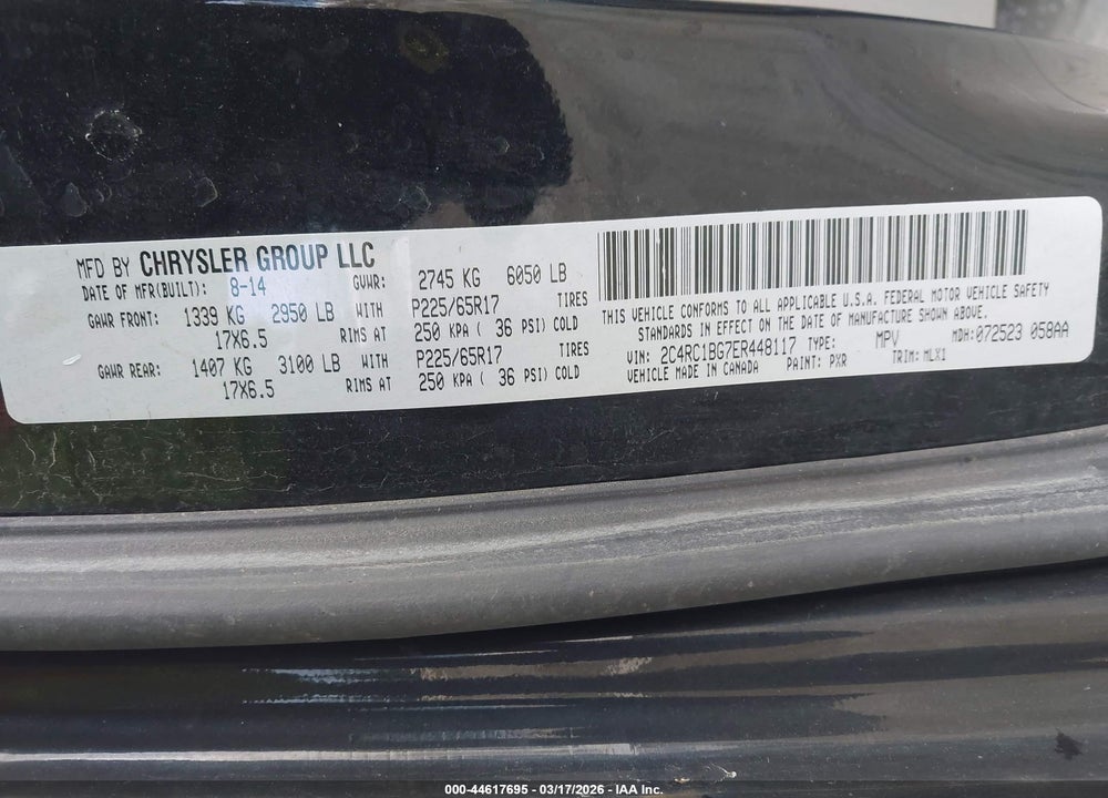 2014 CHRYSLER TOWN & COUNTRY TOURING VIN: 2C4RC1BG7ER448117