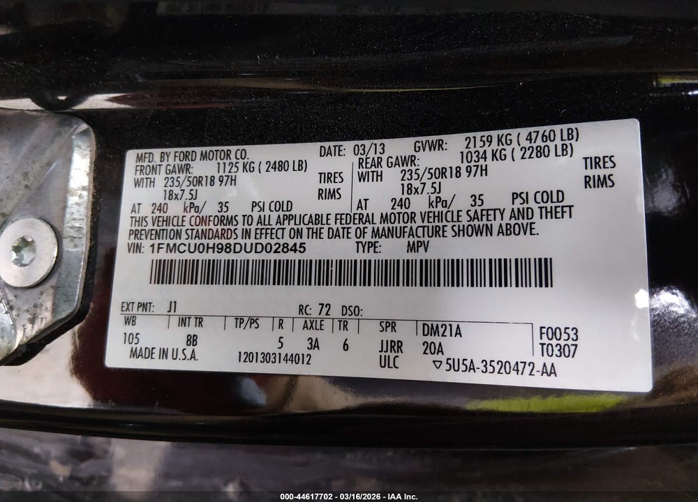 2013 FORD ESCAPE SEL VIN: 1FMCU0H98DUD02845