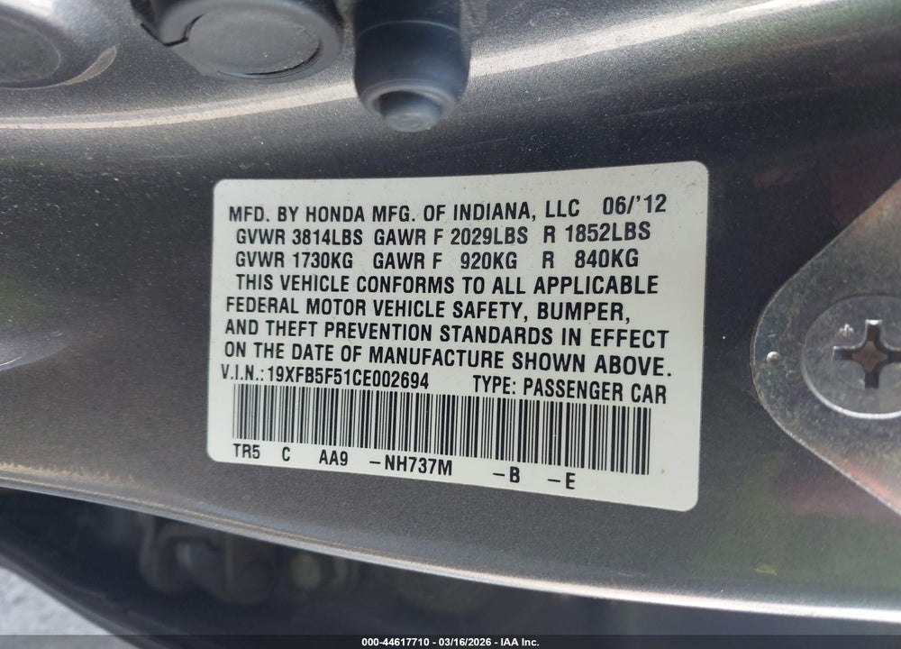 2012 HONDA CIVIC NATURAL GAS VIN: 19XFB5F51CE002694