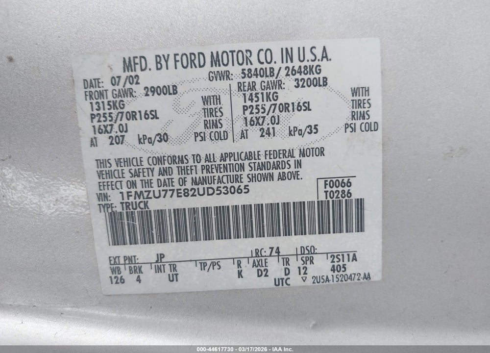 2002 FORD EXPLORER SPORT TRAC VIN: 1FMZU77E82UD53065
