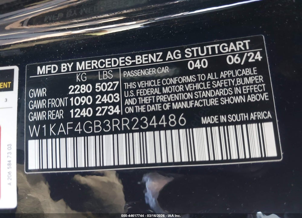 2024 MERCEDES-BENZ C 300 VIN: W1KAF4GB3RR234486