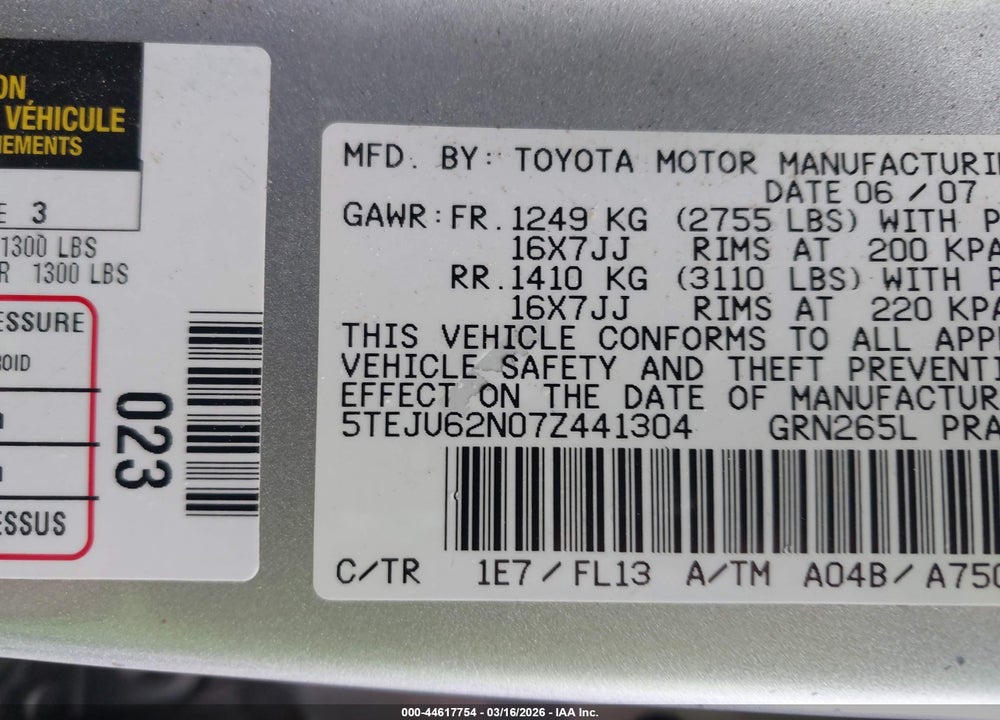 2007 TOYOTA TACOMA PRERUNNER V6 VIN: 5TEJU62N07Z441304