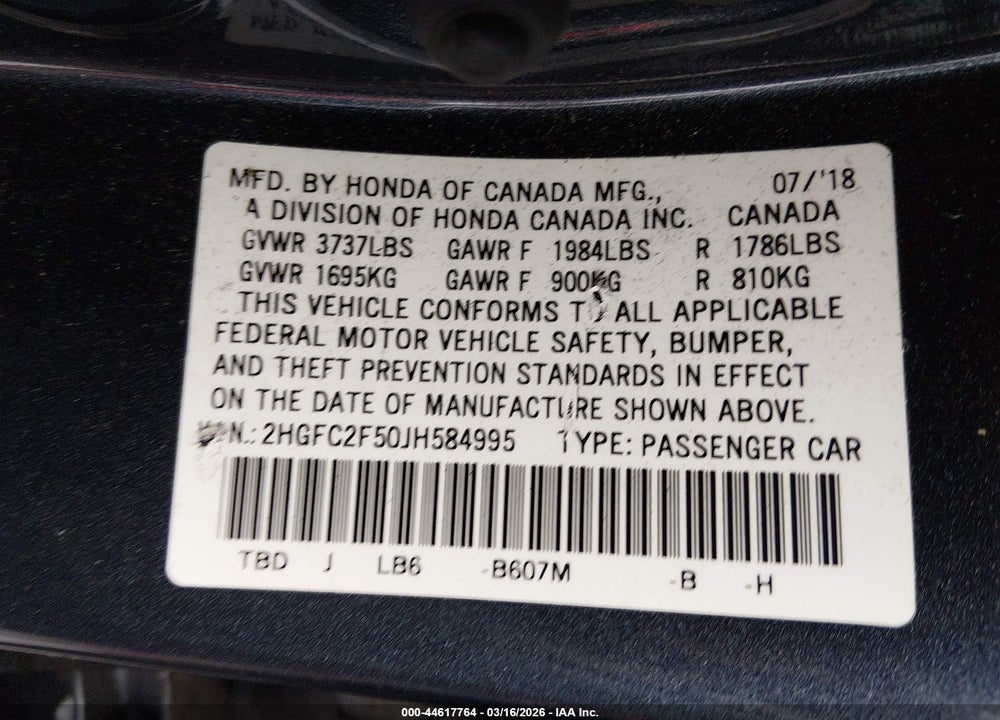 2018 HONDA CIVIC LX VIN: 2HGFC2F50JH584995